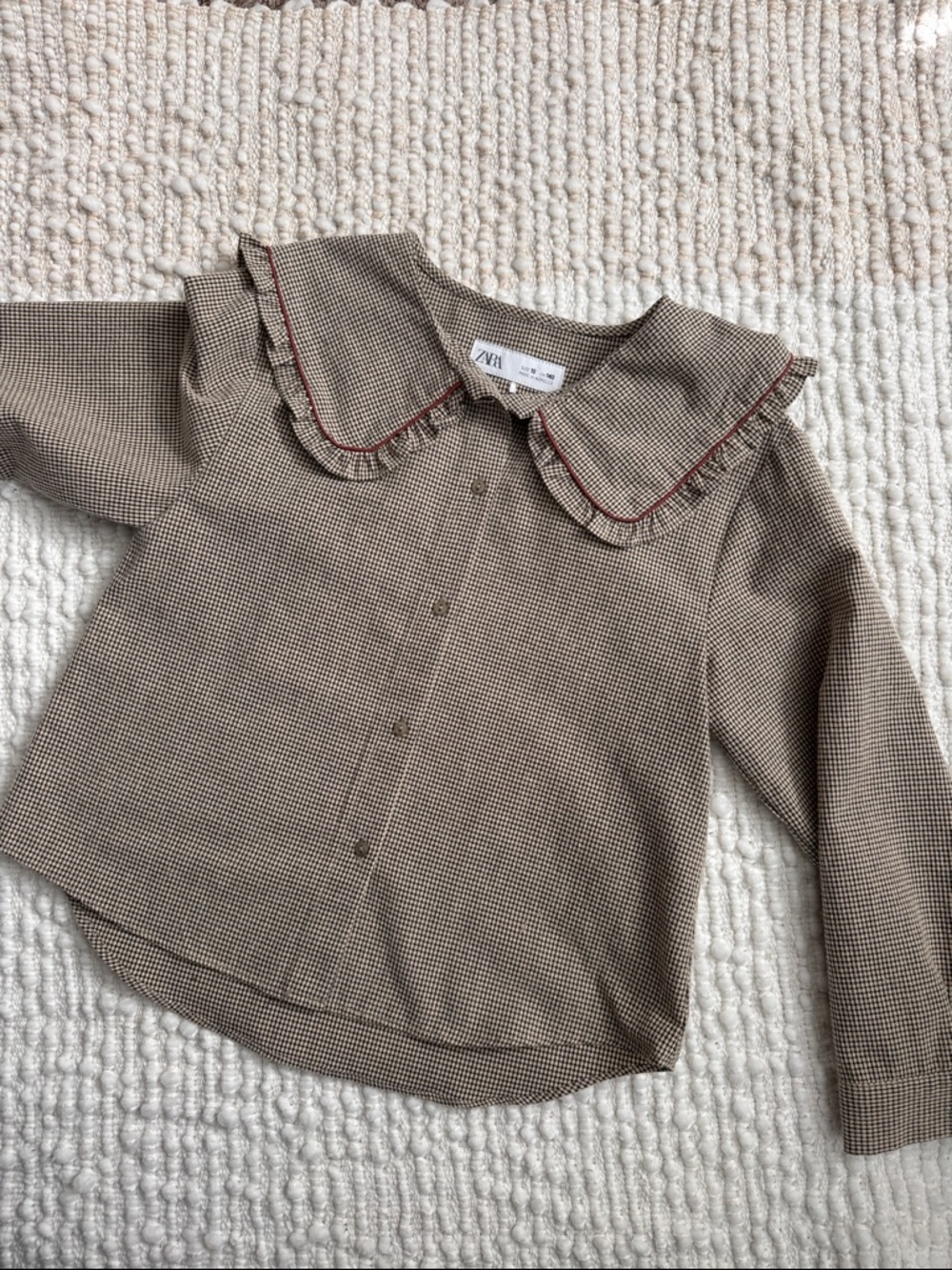 Zara Brown Gingham Blouse with Ruffled Peter Pan Collar